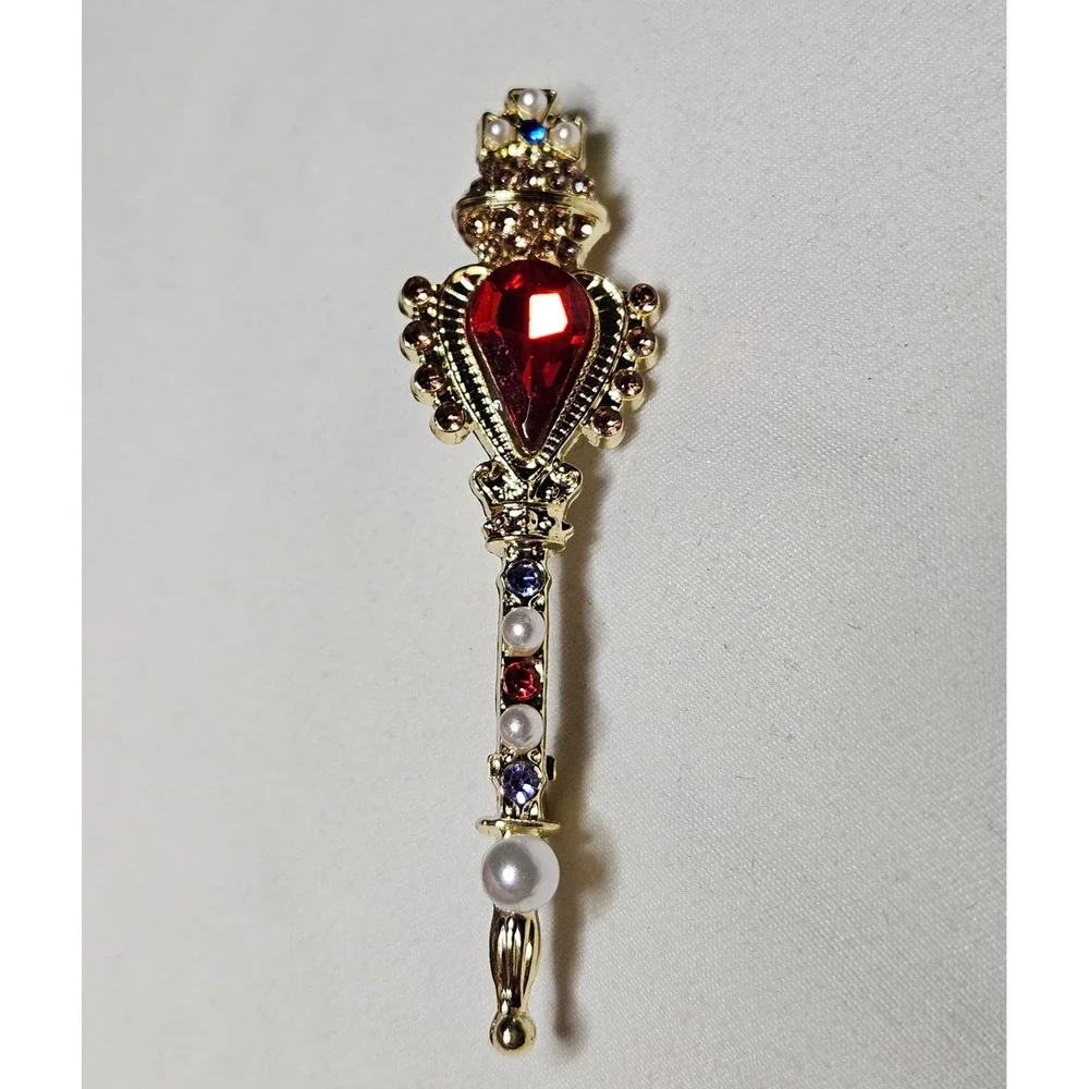 Scepter Brooch Pin Womens OS Gold Red Rhinestone Pearl Anime Cosplay